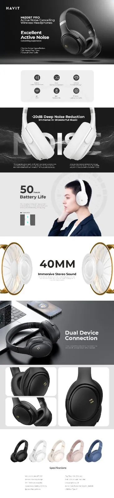 Havit Wireless Headphones Bluetooth Over Ear With Noise Cancelling_voghion.com