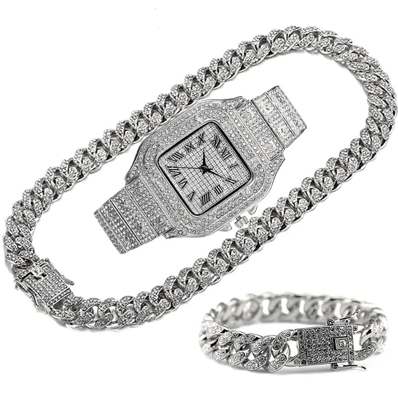 Zincirler Buzlu Zincir Erkekler Kadınlar İçin HipHop Miami Bling Küba Büyük Altın Kolye Saat Bilezik Yapay Elmas Takı Zincirler_voghion.com