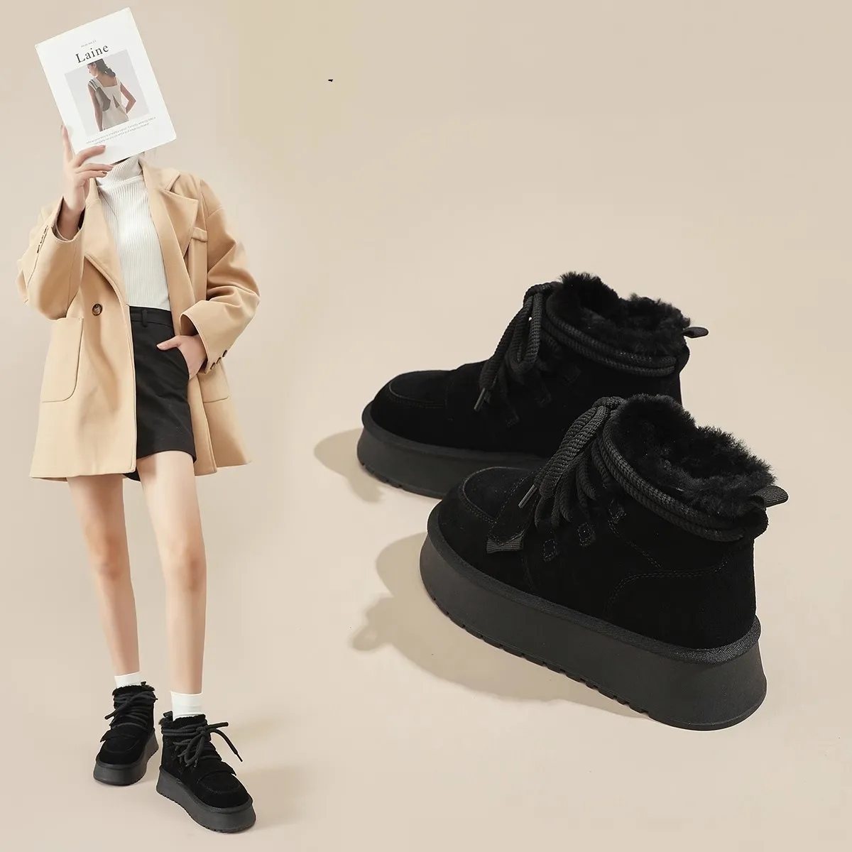 Damenstiefel: Dicke Sohle Schnee 2024 Neue Winter Fleece Warme Baumwollstiefel Vielseitig Erhöhen Höhe_voghion.com