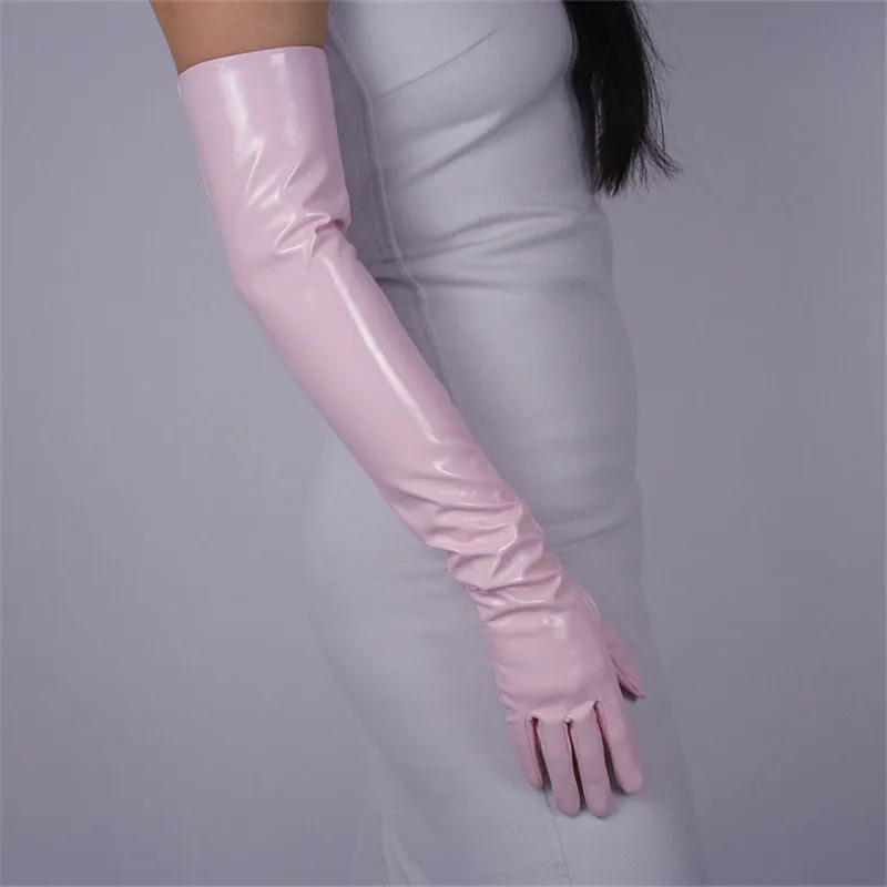 Mănuși de damă la modă, din piele sintetică, extra lungi, cu model PU, oglindă strălucitoare, roz deschis, 60 cm, T09_voghion.com