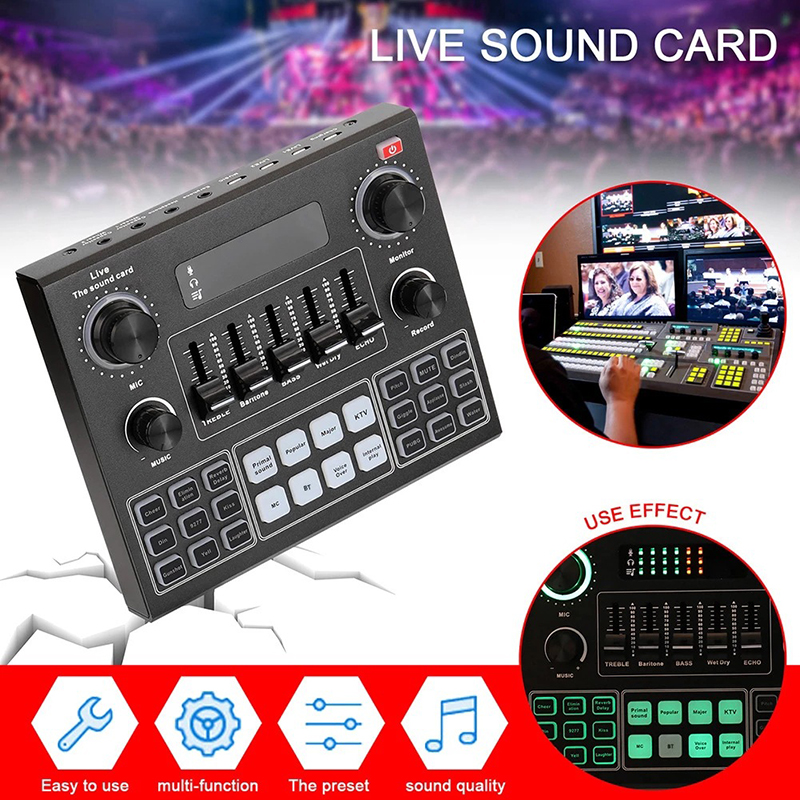 Geluidskaart met stemwisselaar, 14 geluidseffectenmixer, audiomixer, podcast, Bluetooth live-geluidskaart voor iPhone, pc, microfoon_voghion.com