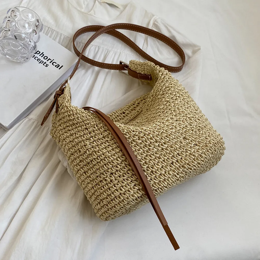 Bolsas de mão feitas à mão, de palha, com corda de papel, fashion, casual, simples, elegante, com alça ajustável, para praia, verão_voghion.com