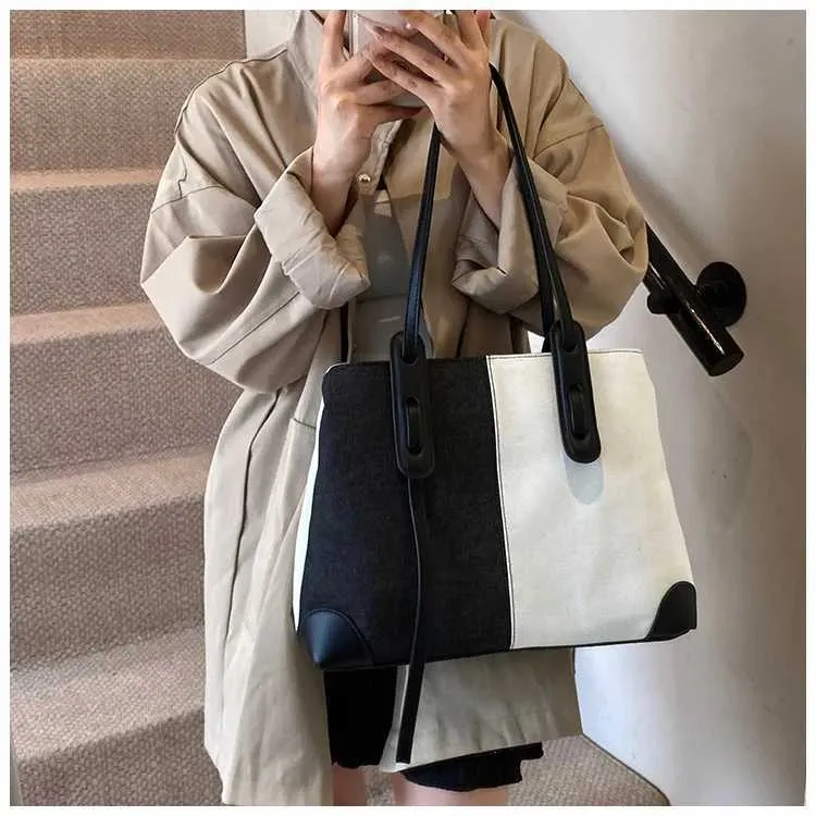 Borsa a mano in denim retrò da donna, a contrasto, con colori a contrasto, grande capacità, borsa a tracolla da viaggio, versatile, in PU, con toppa_voghion.com