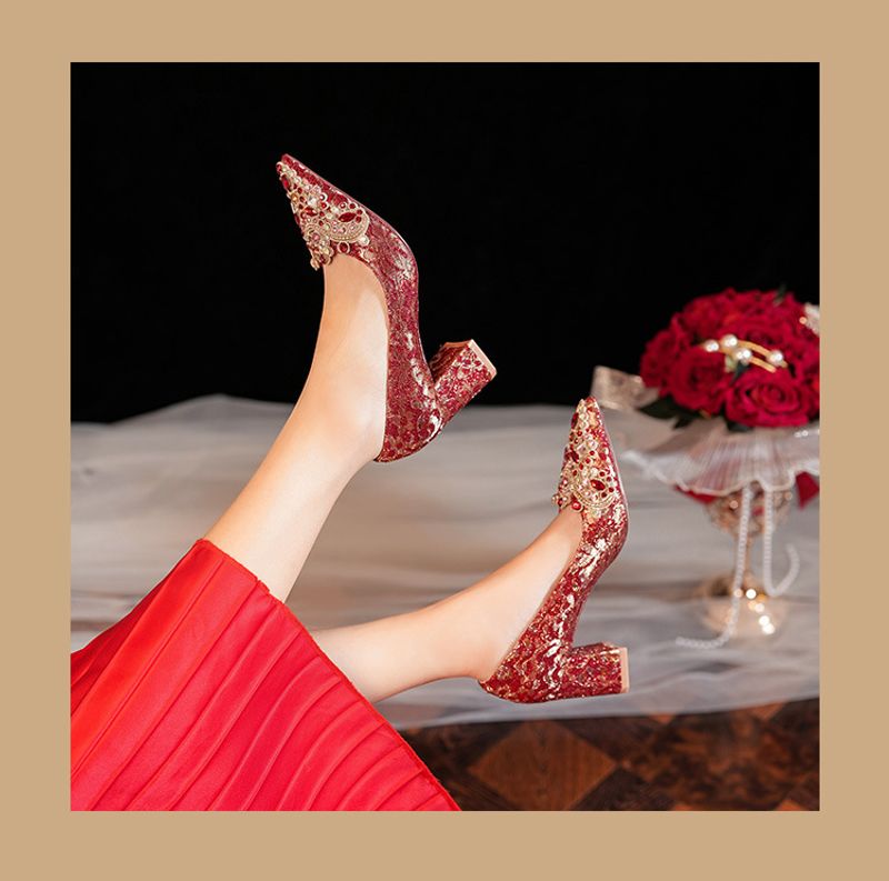 6555F-007 Dia Pointed Thick Women's High Heels Sequin Dress Red Wedding Bridal Single Shoes Goddess_voghion.com
