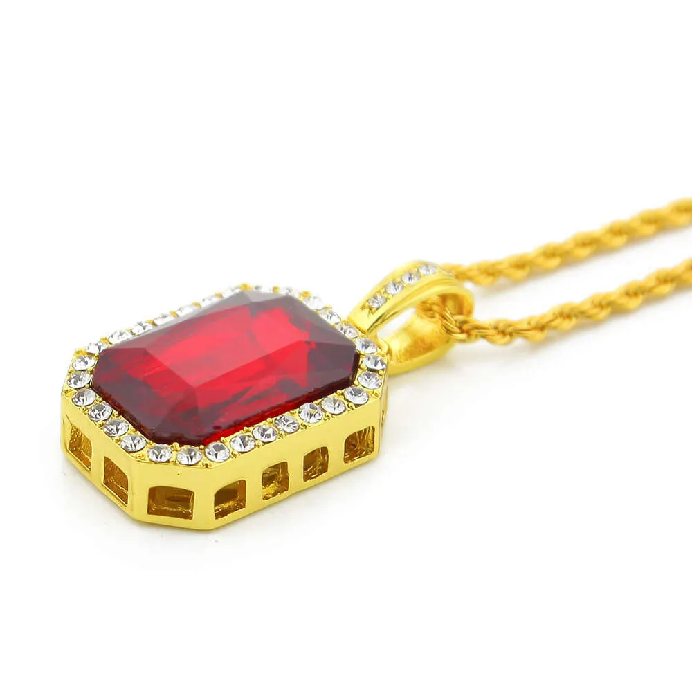 Hip Hop Diamond Square 4.5 * 2.5 Red Alloy Pendant Hiphop Men's Necklace_voghion.com