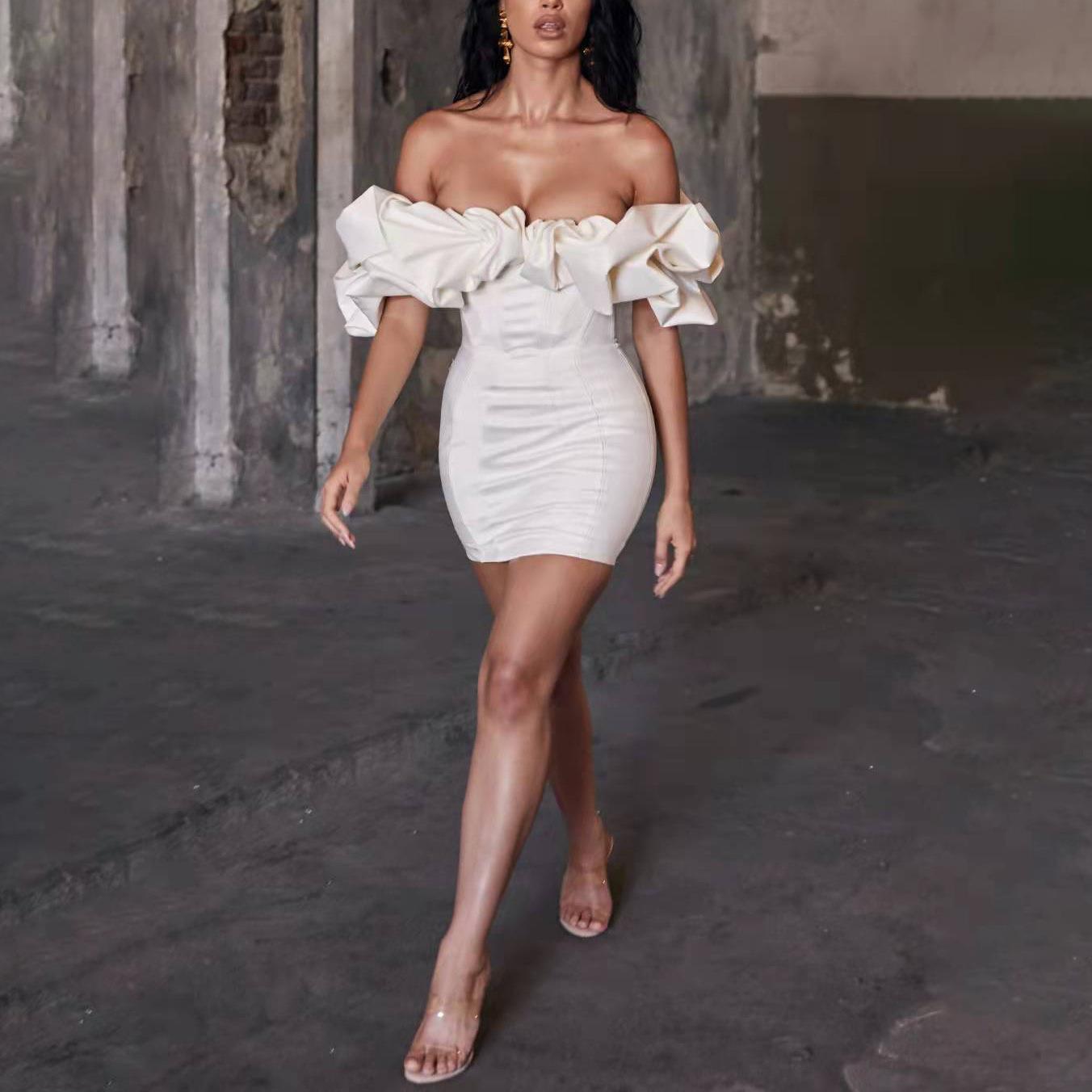 Sexy Bodycon Off-shoulder Mini Dress With Ruffled Fishbone Detail_voghion.com