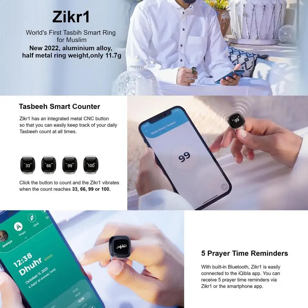 22/18mm Iqibla Smart Tasbih Contor pentru musulmani Zikr Ring Digital Tasbeeh 5 Memento vibrație pentru timpul de rugăciune_voghion.com