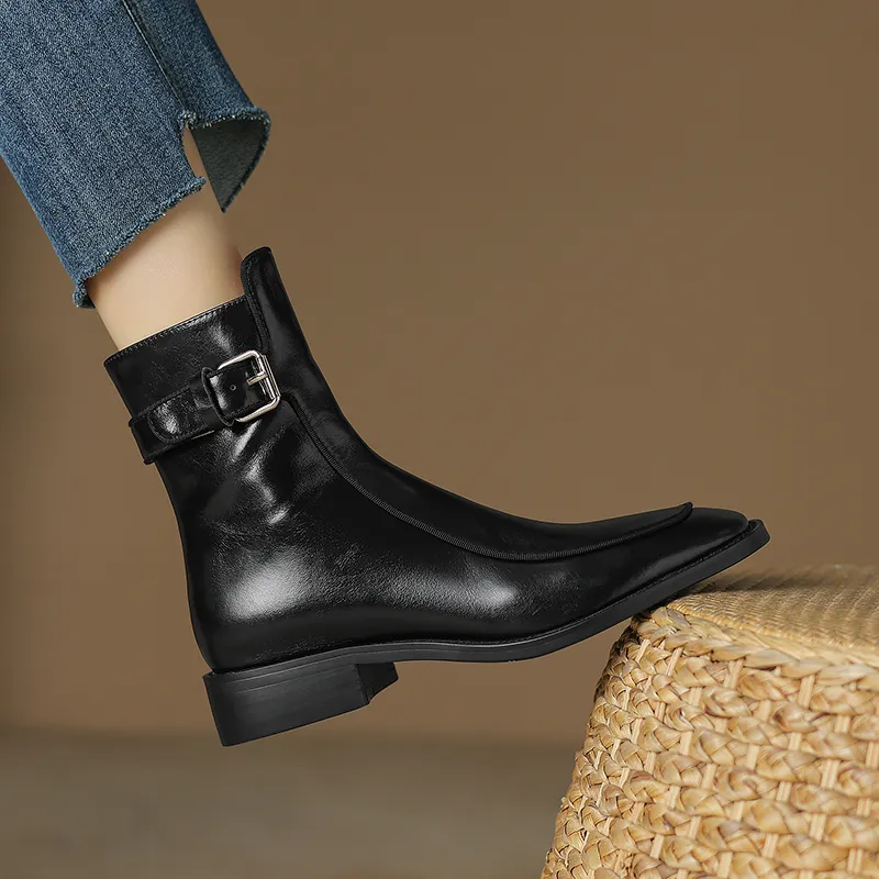 2024 New Autumn Square Toe Low Heel Women Shoes Genuine Brown Ankle Block Retro Leather Boots 3d39_voghion.com