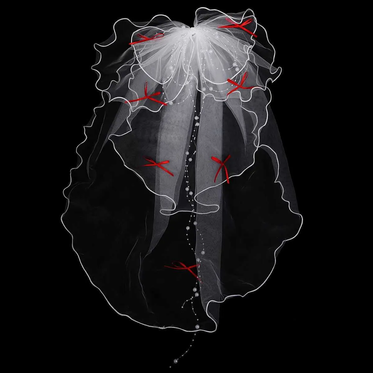 Voile de mariée court en tulle à double couche, couleur unie, avec clip et ruban, pour femme_voghion.com