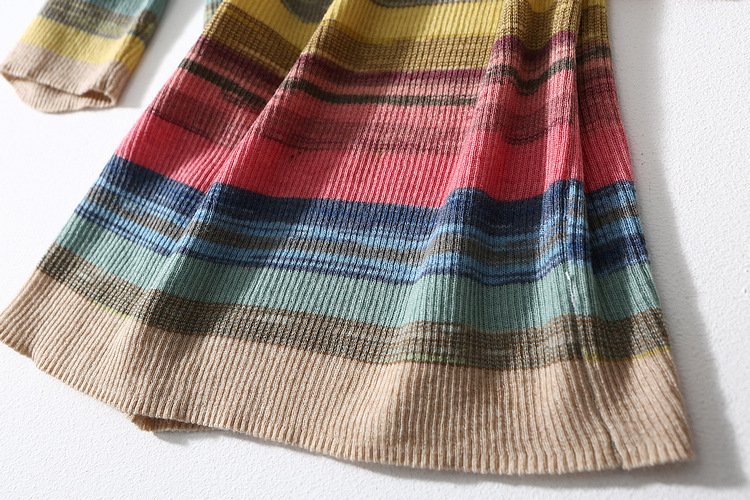 Pull en laine ultrafine pour femme, coupe cintrée, assorti avec tout, manches mi-longues, haut élastique à rayures arc-en-ciel, printemps et été_voghion.com