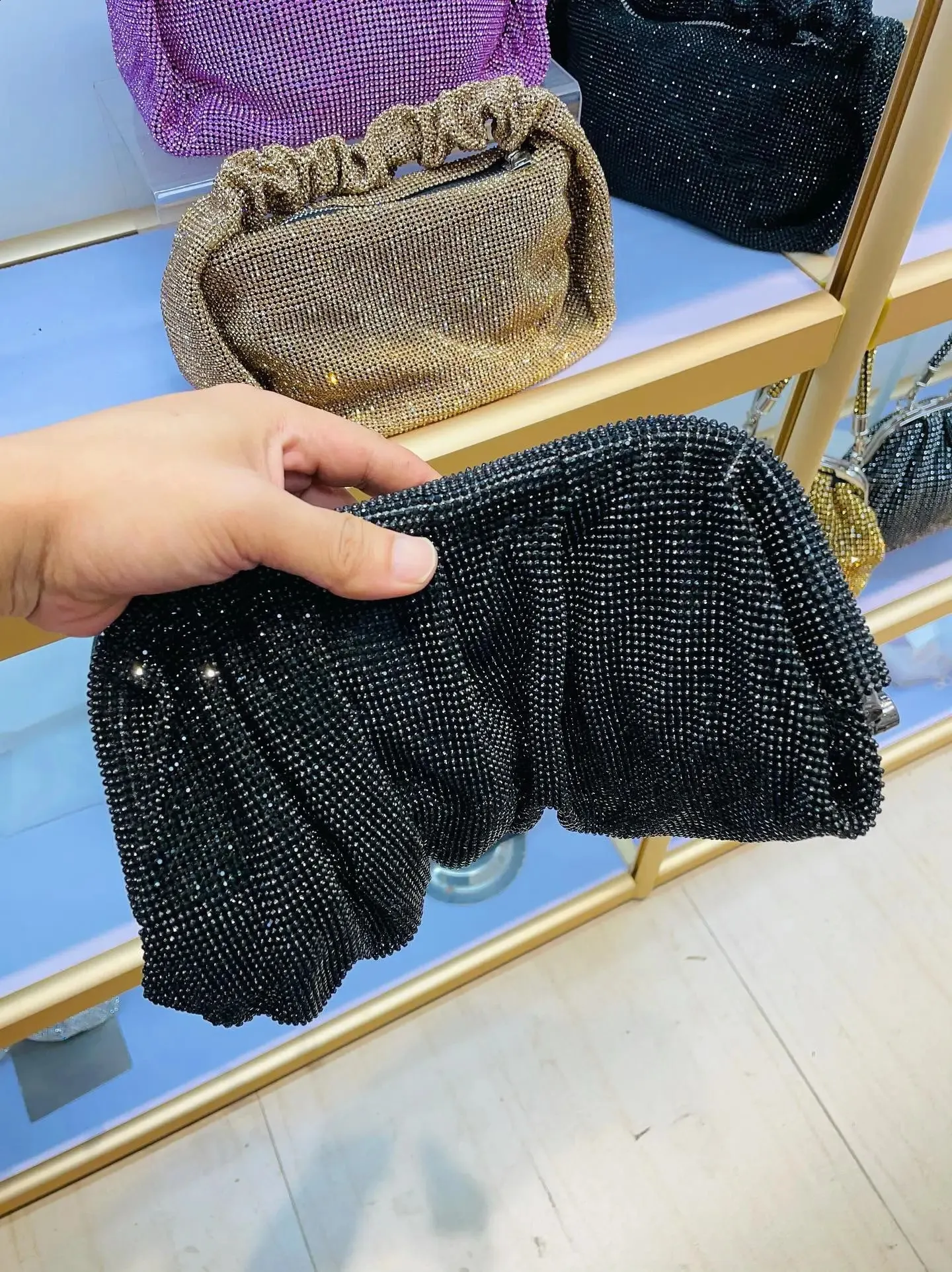 Shell Clip Rhies Handbag For Women Purse Shiny Handmade Dia Shoulder Crossbody Evening Bag 240902_voghion.com