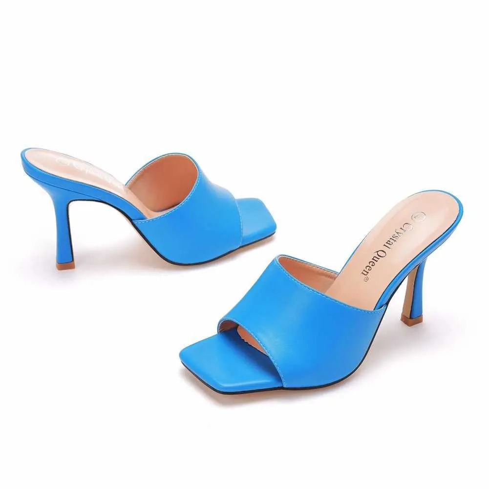 Kapcie kryształowa królowa letnie sandały damskie kwadratowe Toe damskie muły seksowne buty na cienkich wysokich obcasach kobiece modne buty H240409_voghion.com