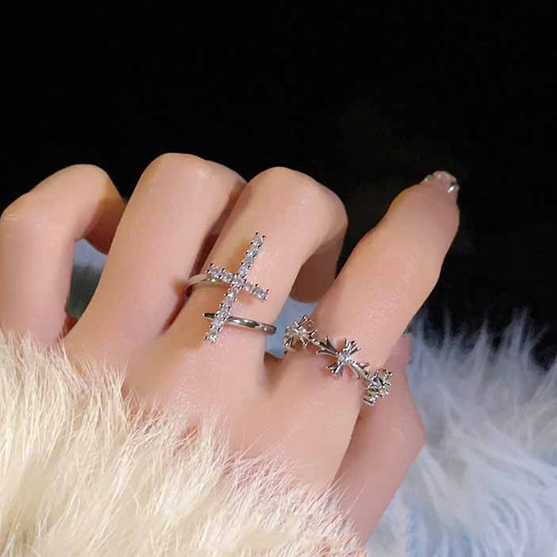 French Gentle Zircon Cross Open for Women with Cold and Elegant Temperament, High Grade Sense Ring, Personalized Index_voghion.com