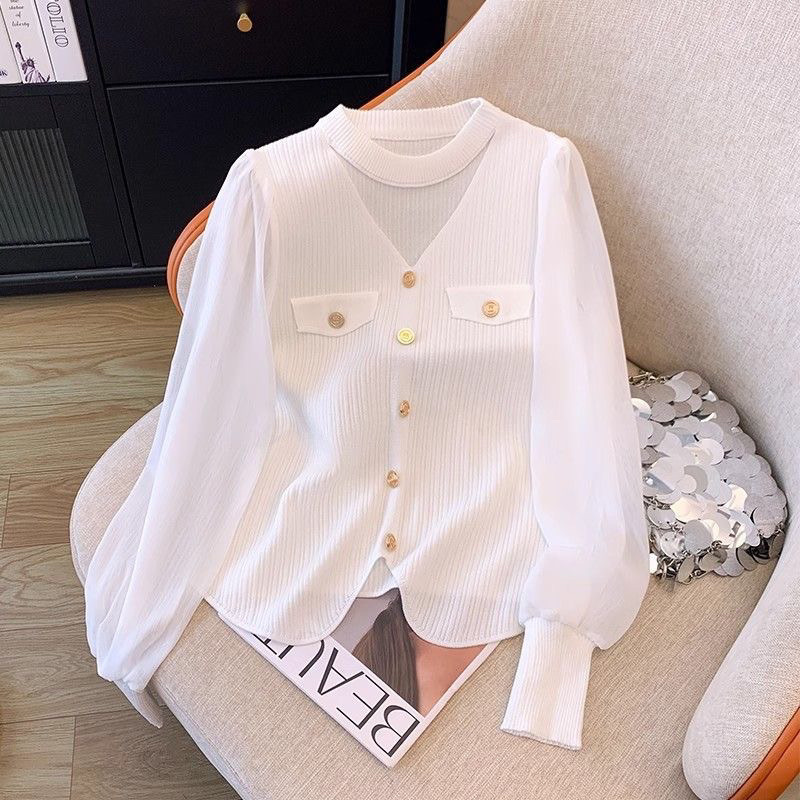 Chemise tricotée à col licou pour femme au début de l'automne, nouvelle chemise en mousseline de soie à la mode et rajeunissante de grande taille