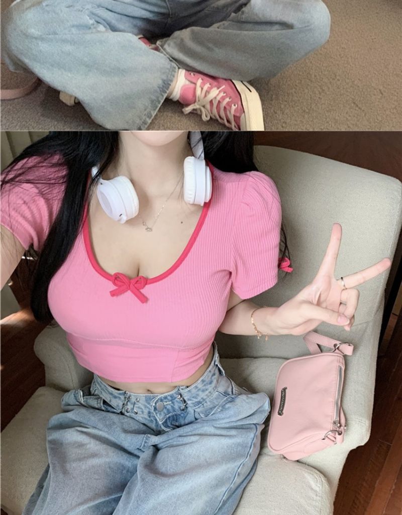 Tricou de vară pentru femei, cu mânecă scurtă, decolteu scurt, cu fundă, Pure Desire, sexy, cu claviculă expusă, cu fundă în U_voghion.com