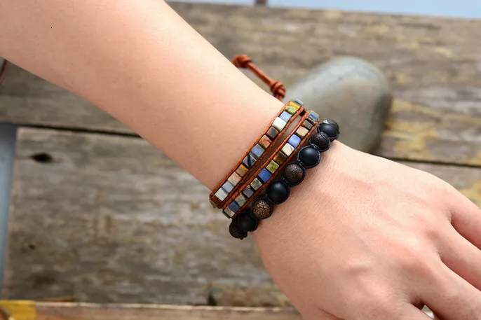 Stone Bead Leather Wrap Bracelet For Women Vintage Style_voghion.com