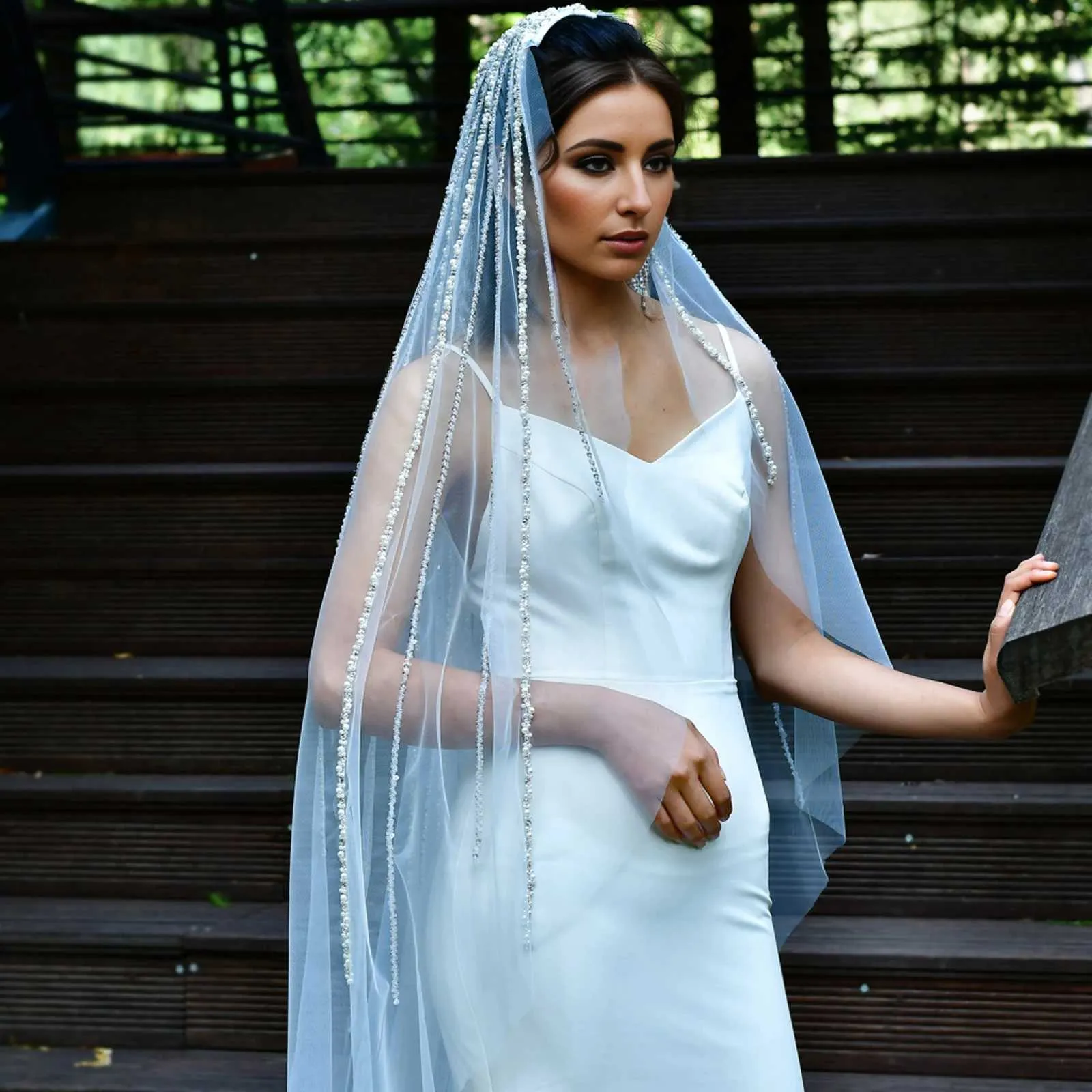 Velo da cattedrale con perline di cristallo, 1 strato, argento, tulle con perline, accessori da sposa bianchi per la sposa_voghion.com