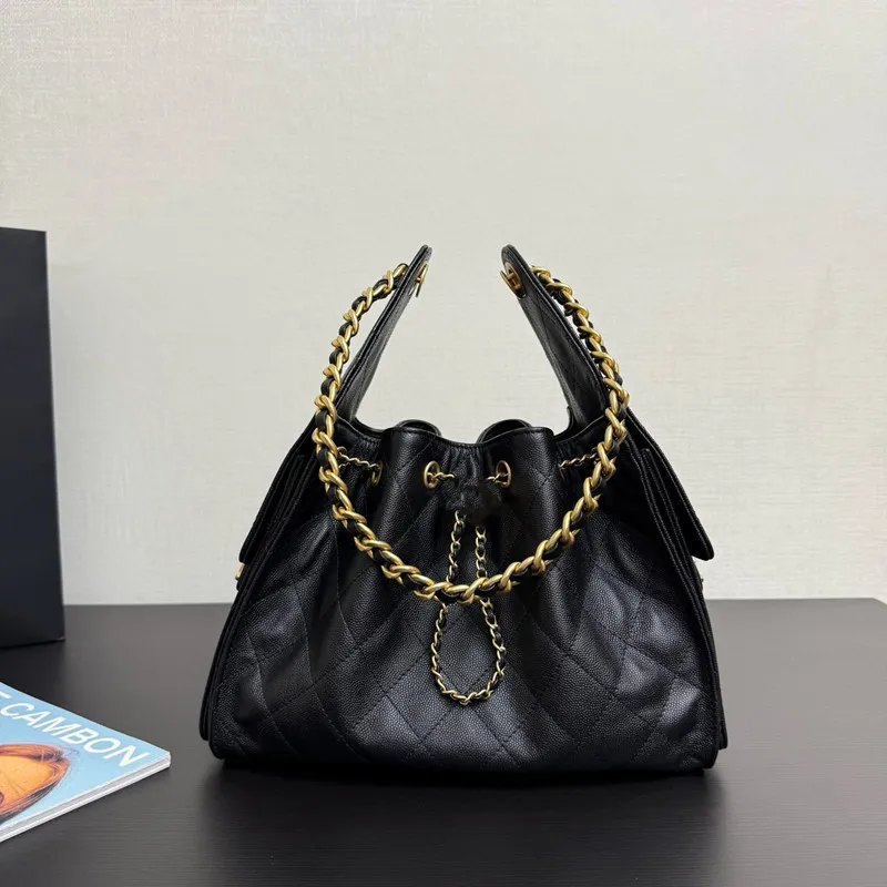 Borse a mano - Borsa hobo nera chic firmata, borsa a tracolla in vera pelle di grande capacità con catene_voghion.com
