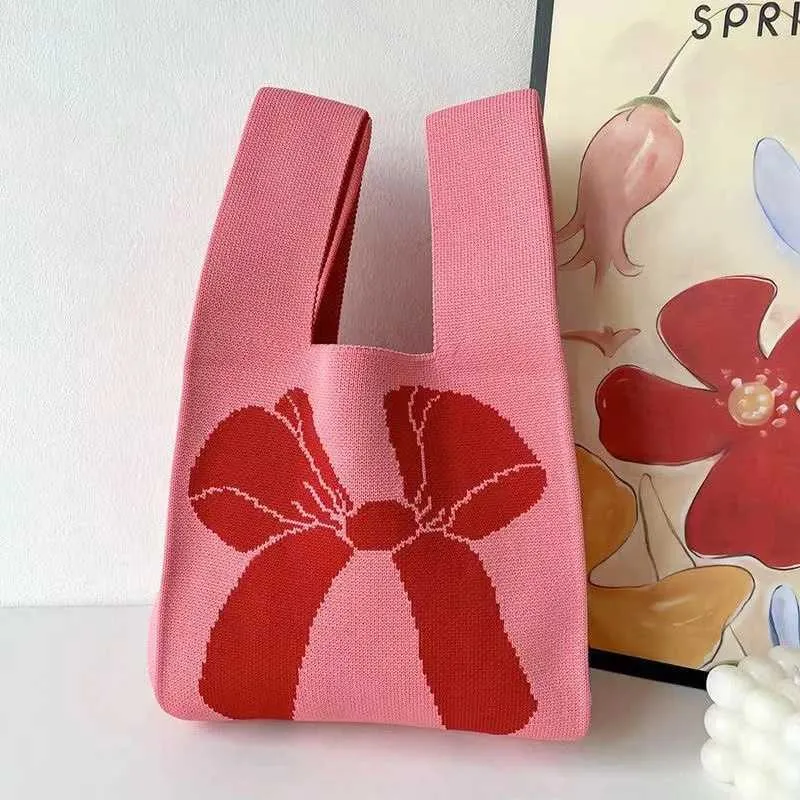 Frauen handgemachte knoten handgelenk CNew gestrickte casual kleine bogen handtasche für mädchen wiederverwendbare einkaufstasche Y241106_voghion.com