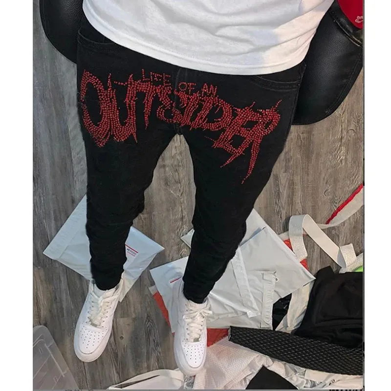 Schwarze Skinny Jeans für Herren, Motorrad-Straße, trendig, alltagstauglich, gemütlich, hohe Taille, fortschrittlicher Rhies-Stretch-Bleistift-Jeansstoff_voghion.com