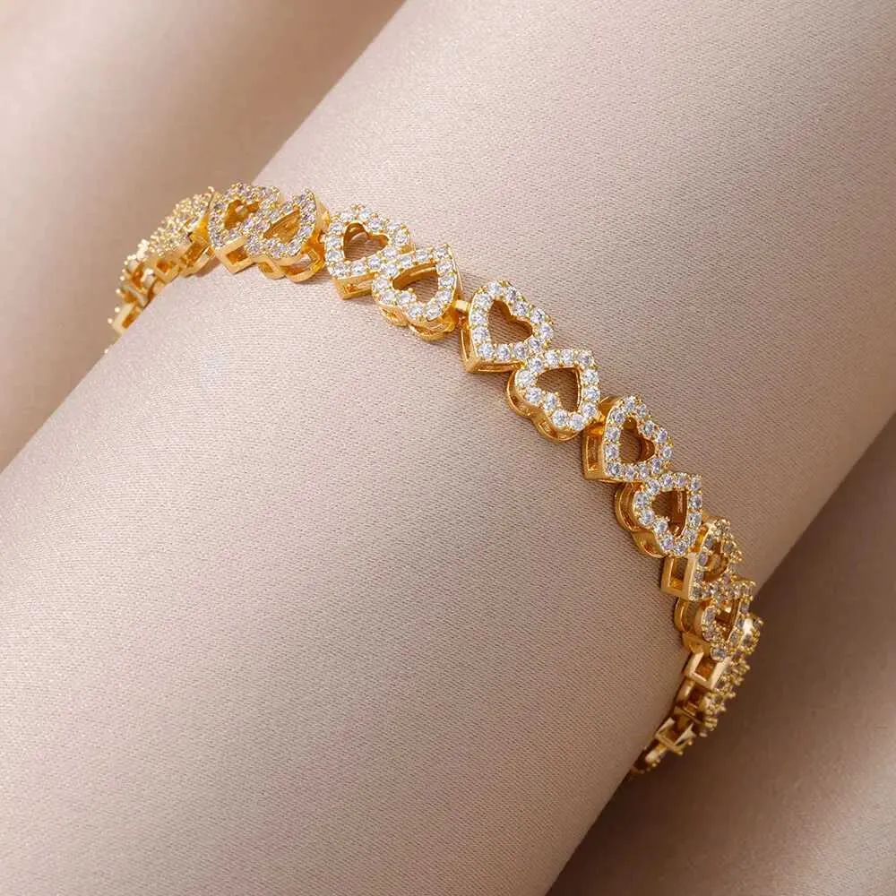 Bangle Zircon Bracelets Women Stainless Steel Gold Color Heart Charm Bracelet Wedding Jewelry Gift For Friends_voghion.com
