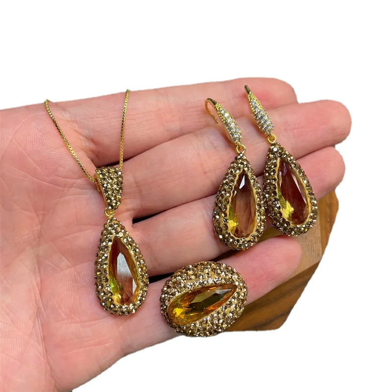 Halsketten-Ohrringe-Set, Sudanstein, türkischer Farbwechselschmuck, Strass, Wassertropfenform, Zultanit-Kristall, 3-teilig_voghion.com