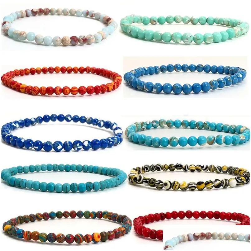Ketten 4mm Chakra Perlen Energiearmband Natürliche runde Türkis Malachit Stein Stretch Armreifen für Frauen Männer Handgefertigt_voghion.com