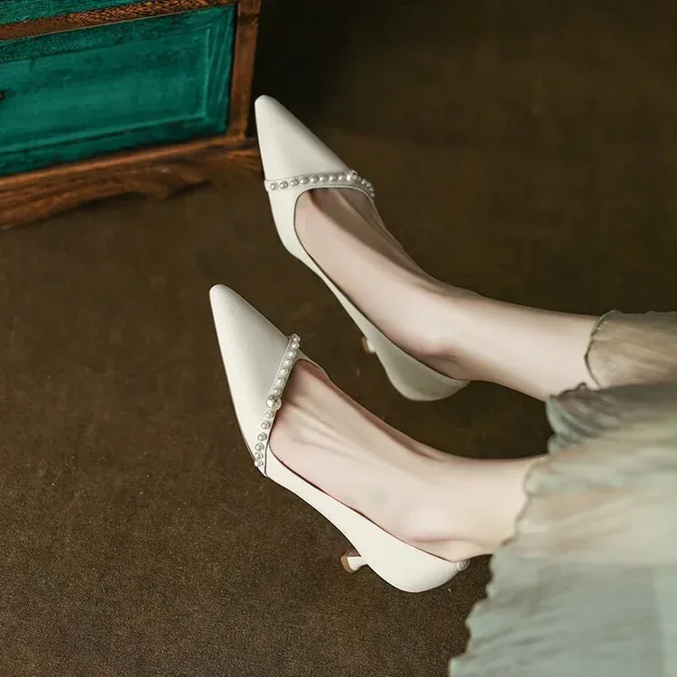 Damen Pumps Weiß Hochzeit High Spitzschuh String Bead Bootsschuhe Dünne Absätze Basic Pump Perlen Schwarz 2024 03c2_voghion.com