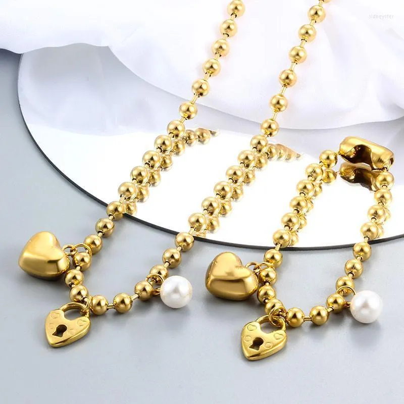 Cadenas de moda de acero inoxidable color plata regalo redondo bola blanca mujeres hombres cerradura llave UN 50 8 mm cuentas colgantes collar_voghion.com