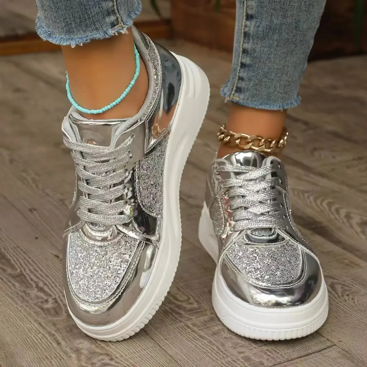 Women's Gold Sequins Platform Sneakers Autumn Fashion Casual Sports Thick Bottom Vulcanized Woman Flats Heels Shoes_voghion.com