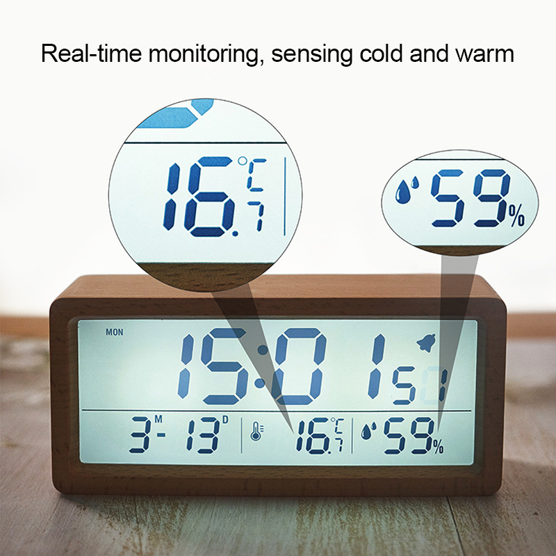 Sveglia digitale a LED in legno multifunzionale con grande schermo, data, temperatura, umidità, retroilluminazione, snooze 12/24 ore, orologio da tavolo_voghion.com