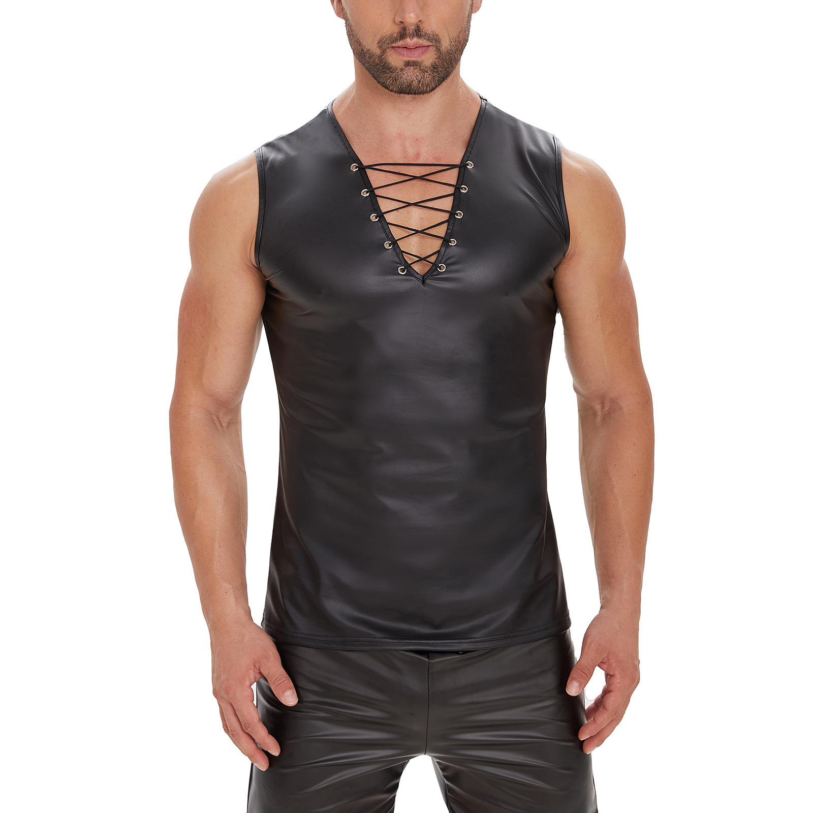 Herrenbekleidung große Herren-Performance-Kleidung Nachtclub Bühne DS Performance-Kleidung mattes Leder T-Shirt Strumpfhose Männer_voghion.com