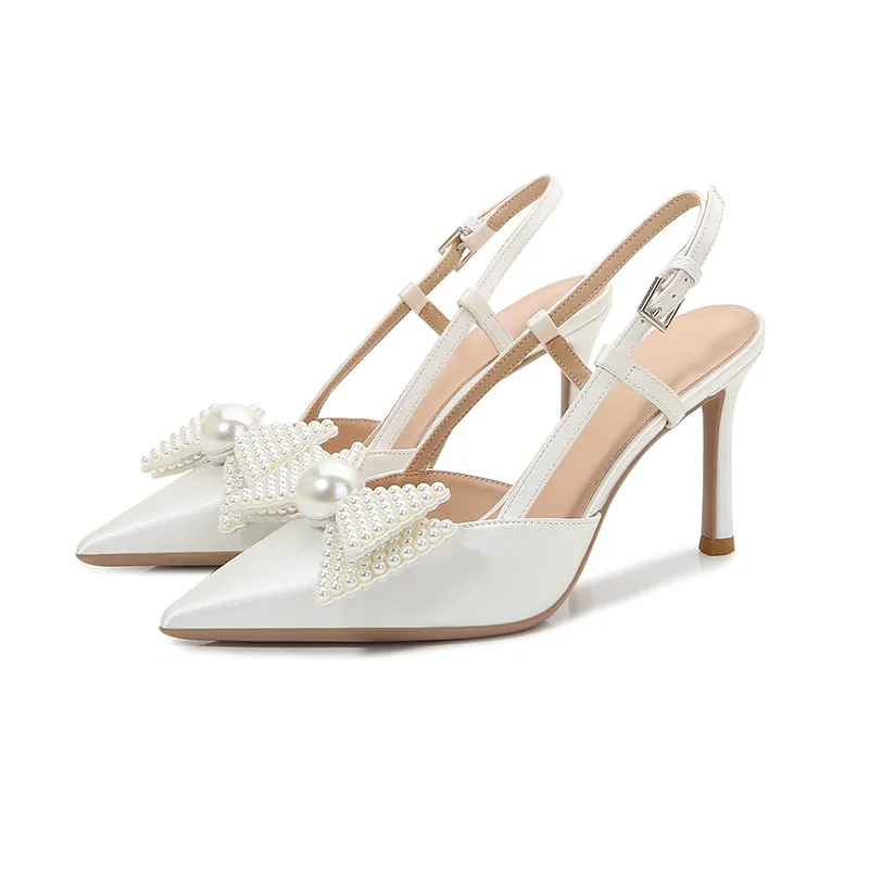 Hochzeit Französisch Frauen 2024 Neue Weiße Brautjungfer Schuhe Bogen High Heels Eleganz Sandalen E336_voghion.com