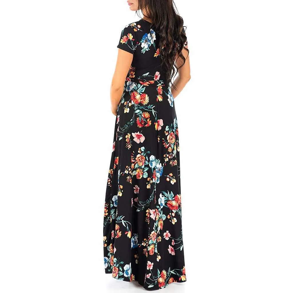 Women's Long Dress Prom Clothes Floral Printed V Neck Summer Pregnancy Dresses For Pregnant Women Maternity Clothing_voghion.com