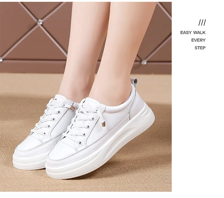 Γνήσιο Δερμάτινο Γυναικείο Κορεατικό Μικρό Λευκό Άνοιξη-Καλοκαίρι Σφουγγάρι Κέικ με Χοντρές Σόλες και Δαντέλα Αθλητικά Παπούτσια_voghion.com