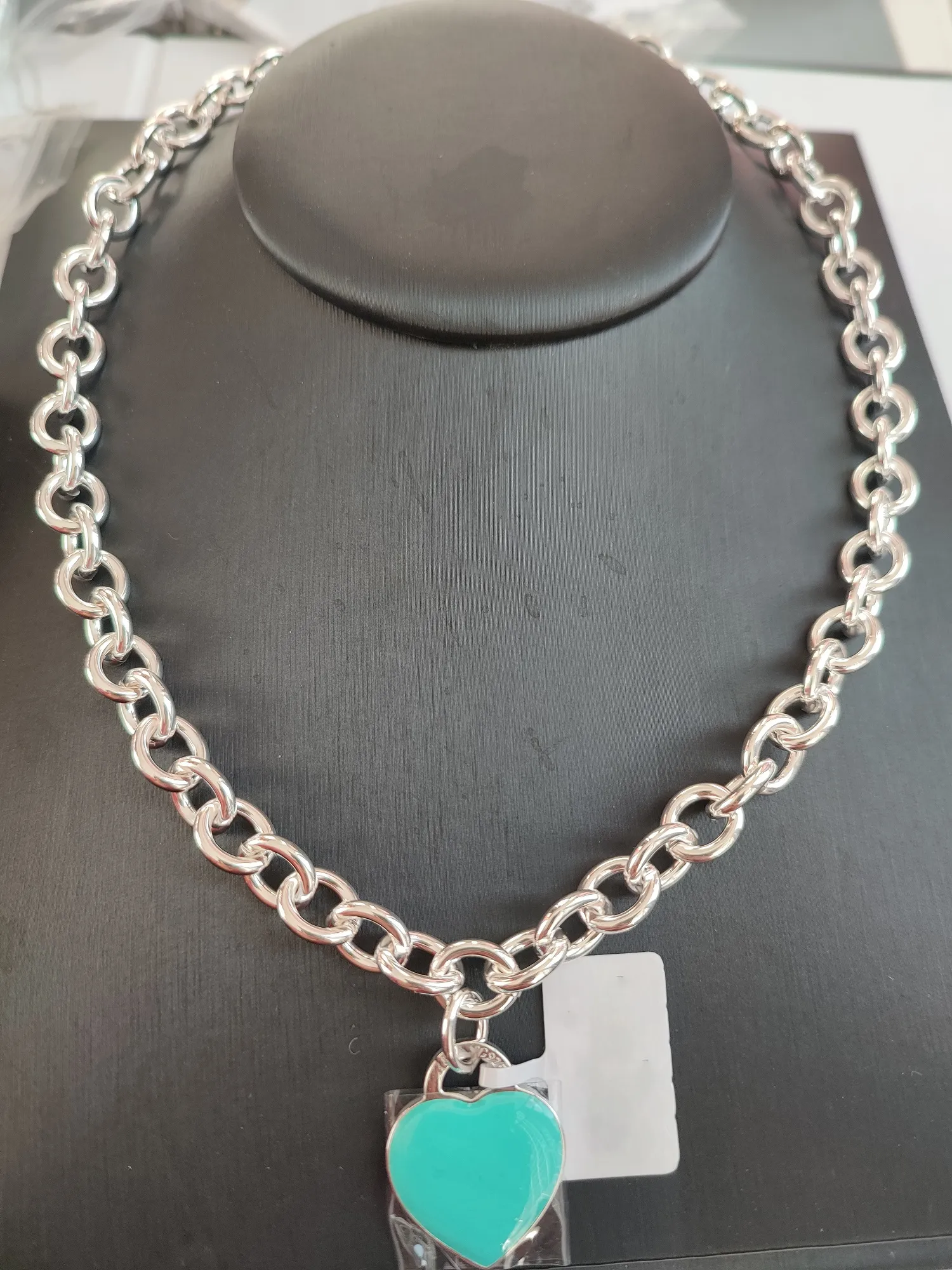 Blue Sier Black Necklace Chains Link Mens Jewelry Heart Pendant Necklaces for Women Bracelet Set Fashion Jewlery_voghion.com