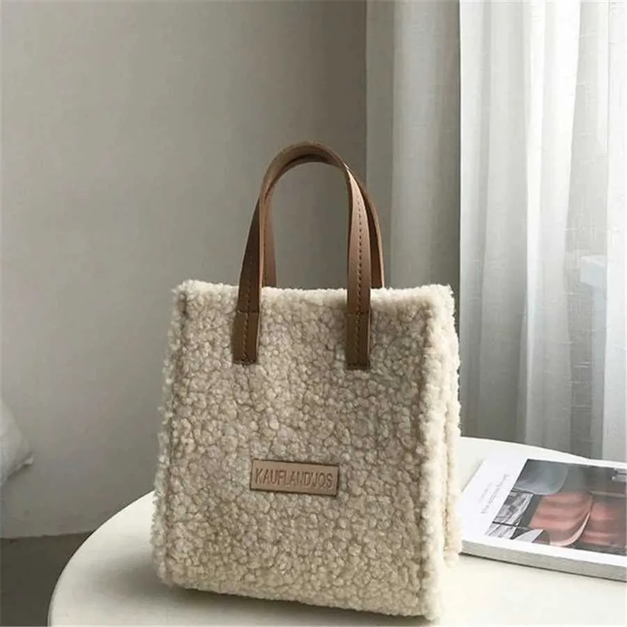 2023 Women Winter Shoulder Bag Lamb Wool Warm Soft Autumn Ins Square Cross-body Portable Casual Beige Khaki Girls Preppy_voghion.com