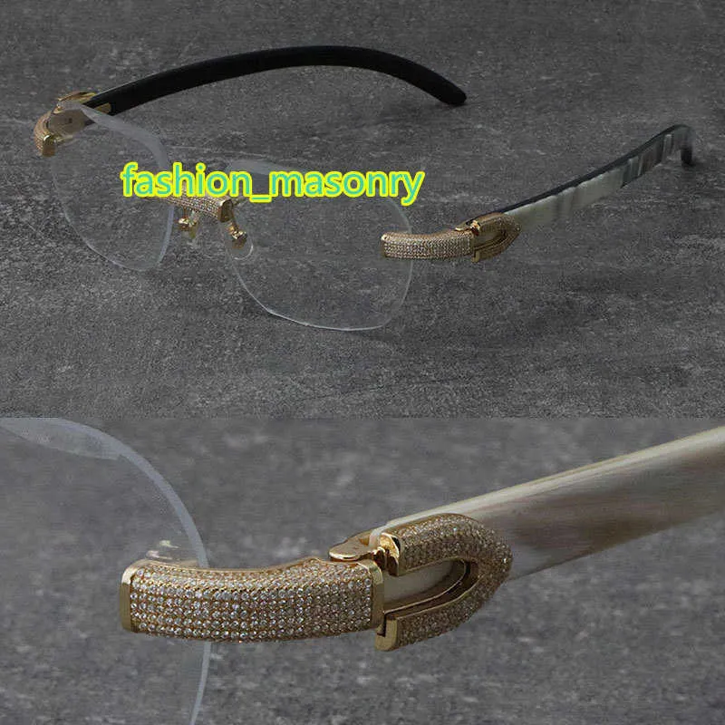2022 Nuovo Nero Mix Bianco Montature in Corno di Bufalo Occhiali da Sole in Legno Senza Montatura con Diamanti incastonati Occhiali da Uomo Donna con Decorazione C Rocce_voghion.com
