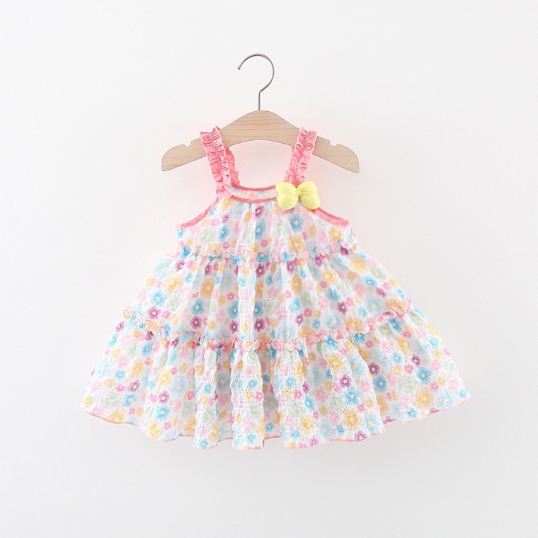 Neues Sommerkleid für Mädchen, rosa, Strand, lässig, bequem, mit Riemen, fragmentiertes Blumenkleid, Fliege, Netz, gefaltetes Strandkleid_voghion.com