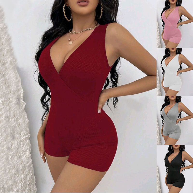 women's clothing solid color vest v-neck tight sexy jumpsuit_voghion.com