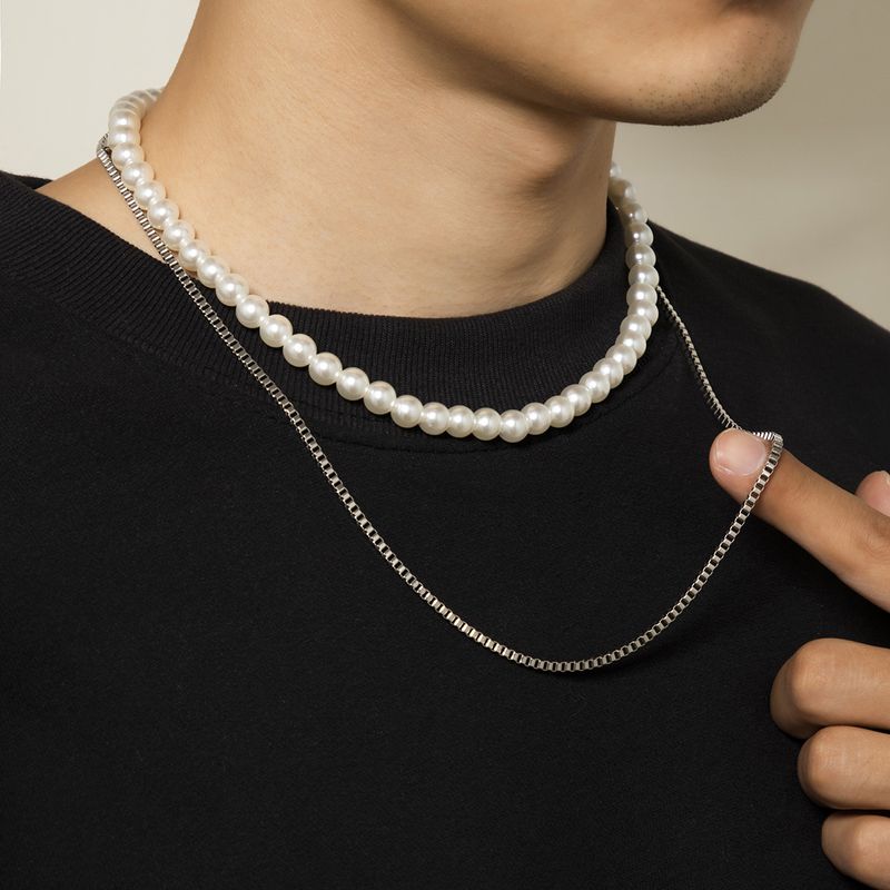 Collane a strati da uomo con catena di perle di ferro geometriche hip-hop_voghion.com