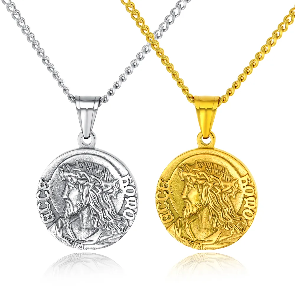 Collana con ciondolo con motivo Gesù inciso in acciaio inossidabile 316, gioielli religiosi da uomo e da donna_voghion.com