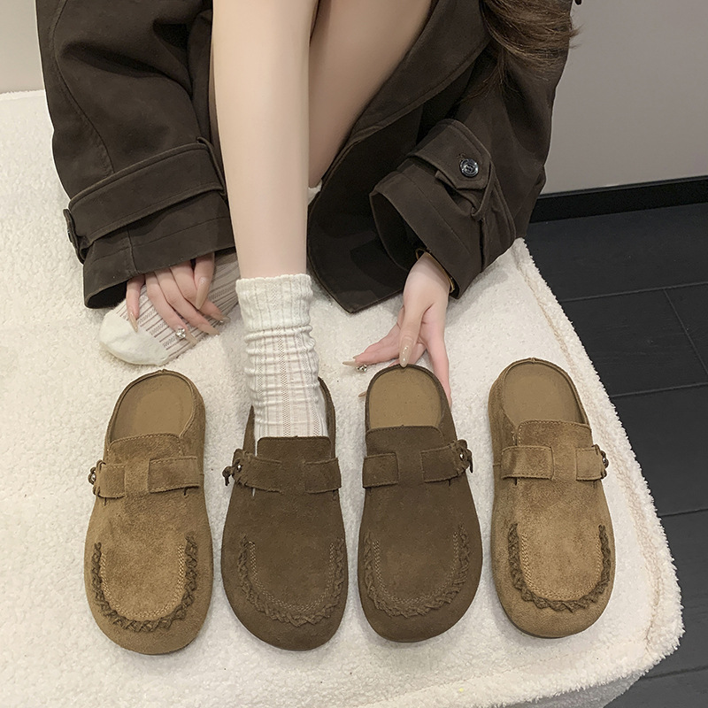 Women’s Genuine Leather Birkenstock-Style Sandals – Slip-On Round-Toe Slide Sandals With Thick Rubber Sole, Comfortable Open-Back House Shoes