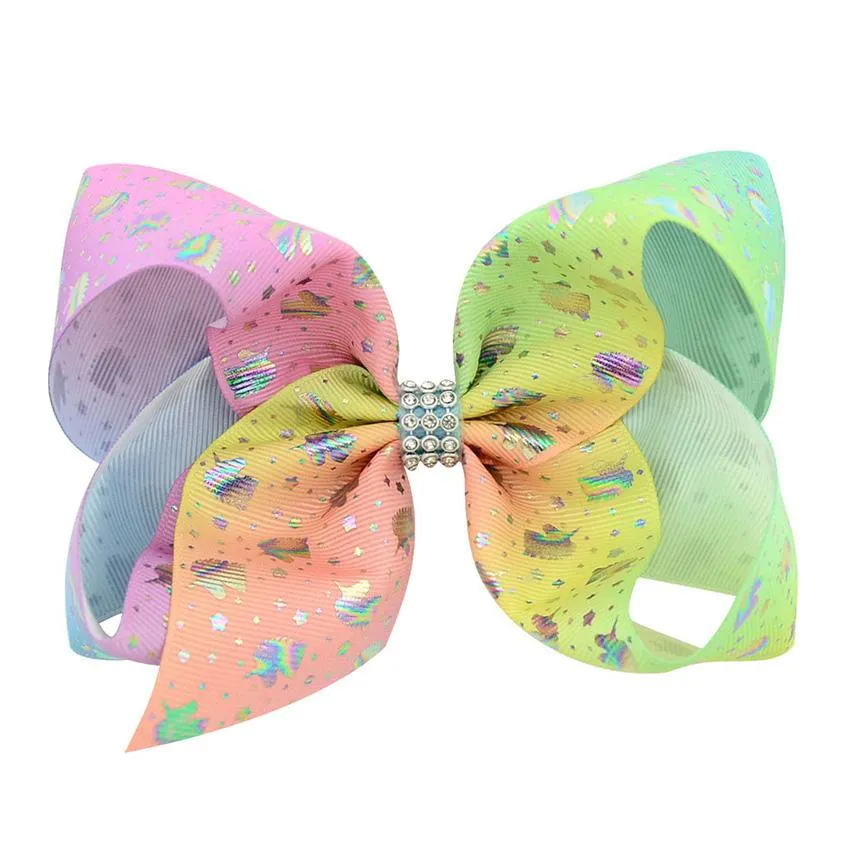 2,5 cm große Schleifen aus Band mit Strasssteinen, Schleife für Kinder, 6 Paar große Haarschleifen in Regenbogenfarben, Krokodilklemmen, Haar-Accessoires für Mädchen_voghion.com