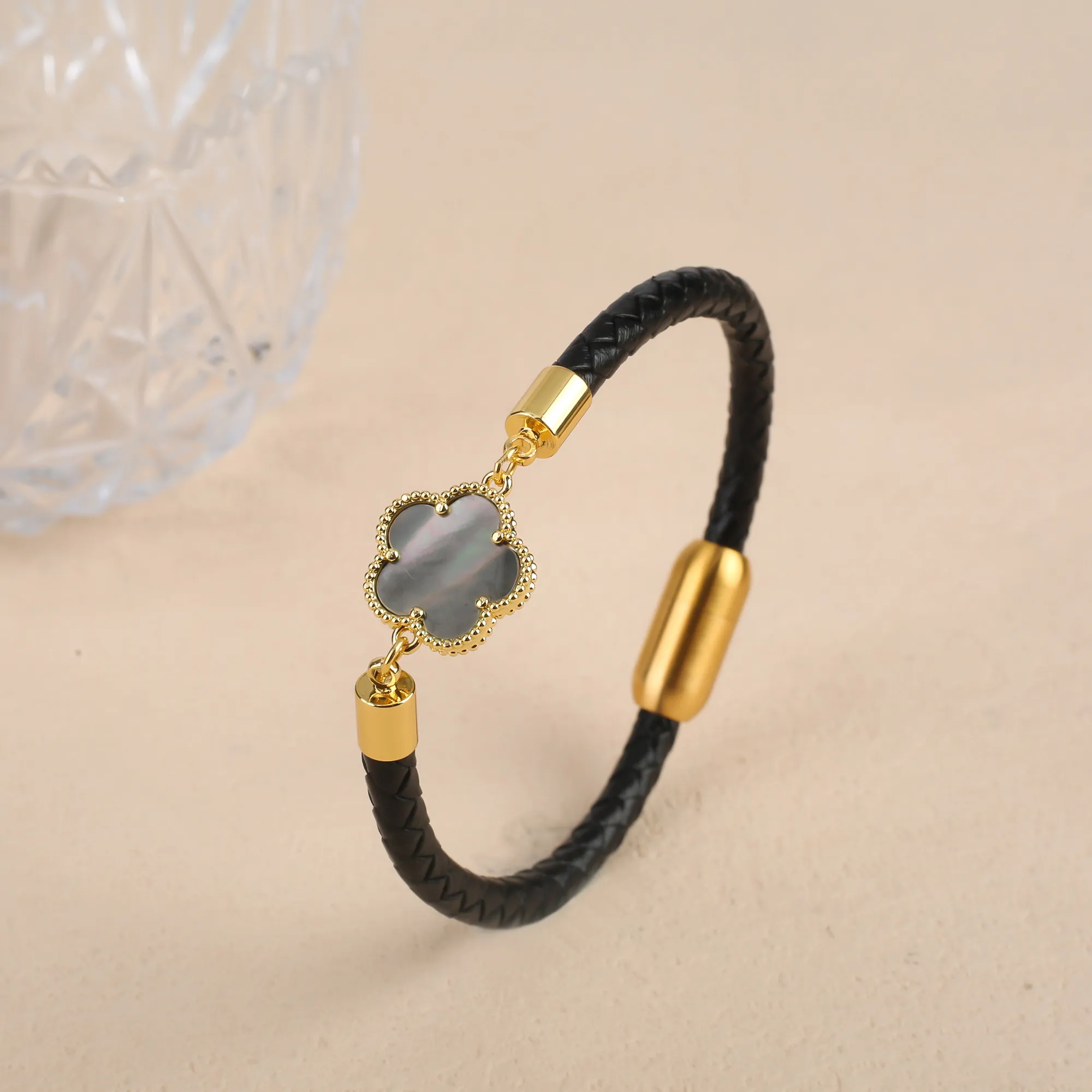Clover Charm Leather Bracelet For Men And Women Simple Style_voghion.com