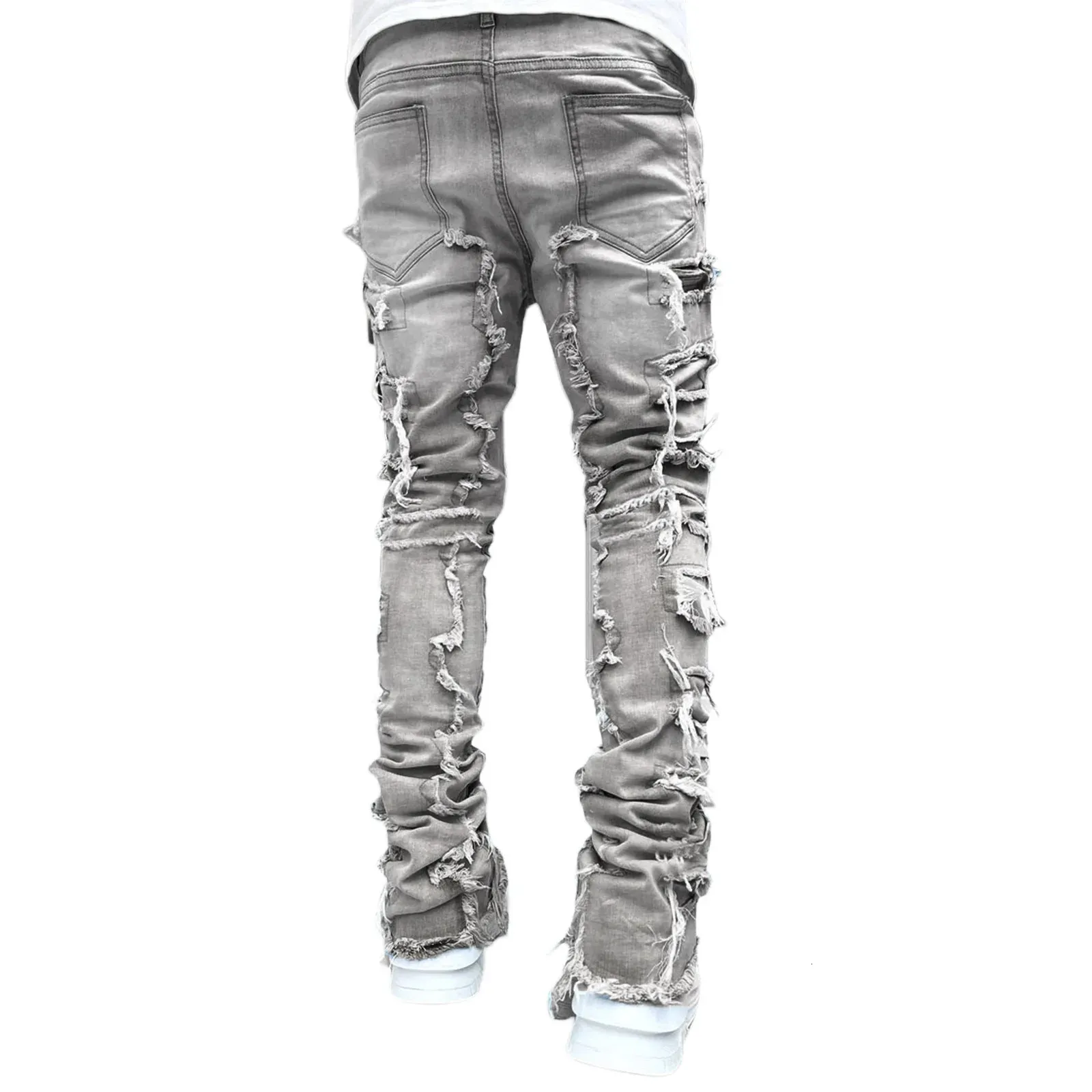 High Street Weiße Herren Stacked Jeans Stretched Patchwork Tassel Damaged Denim Volle Länge Hosen Hippop Hosen Für Männer_voghion.com