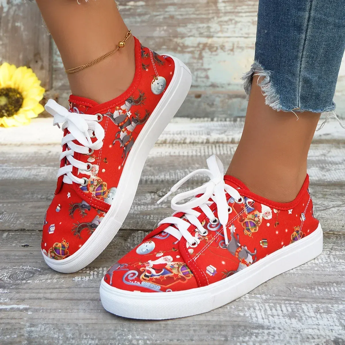 Christmas Sneakers Woman New Autumn Fashion Santa Print Lovely Casual Flats Ladies Festival Vulcanized Shoes 2024_voghion.com