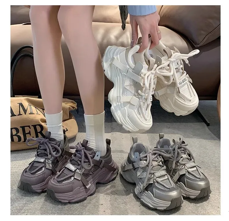Dames Chunky Sneakers Lente Ademend Mesh Platform Sport Vrouw Mode Veterschoenen Dikke Zool Casual Schoenen Mujer 240618_voghion.com