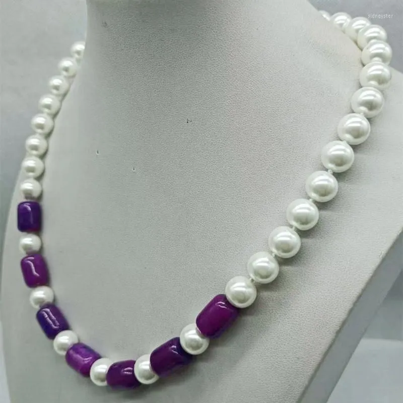 Chaînes Charmantes Perles Rondes de Nacre Blanche de 10 mm et Collier Cylindrique Sugilite 10x14 mm Bijoux de Mode 20 Pouces_voghion.com