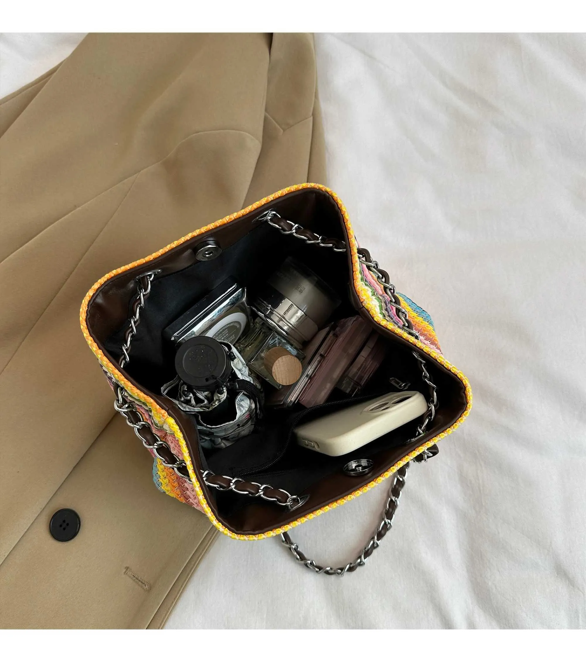 Borsa a secchiello color arcobaleno da donna, con catena a strisce a contrasto, borsa a tracolla, grande capacità, casual, intrecciata da donna_voghion.com